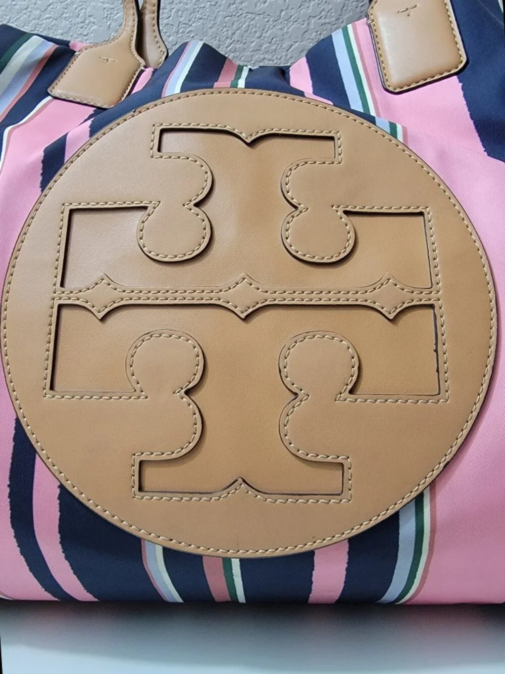 Tory Burch Ella Tote Navy Pink Stripe Nylon Large Shoulder Bag Leather Trim